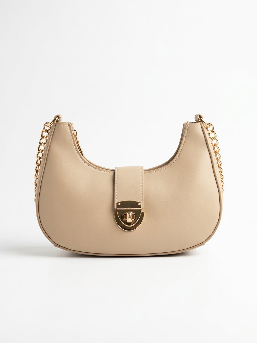 Curved Shoulder Bag with Gold Lock & Chain Strap — My Store