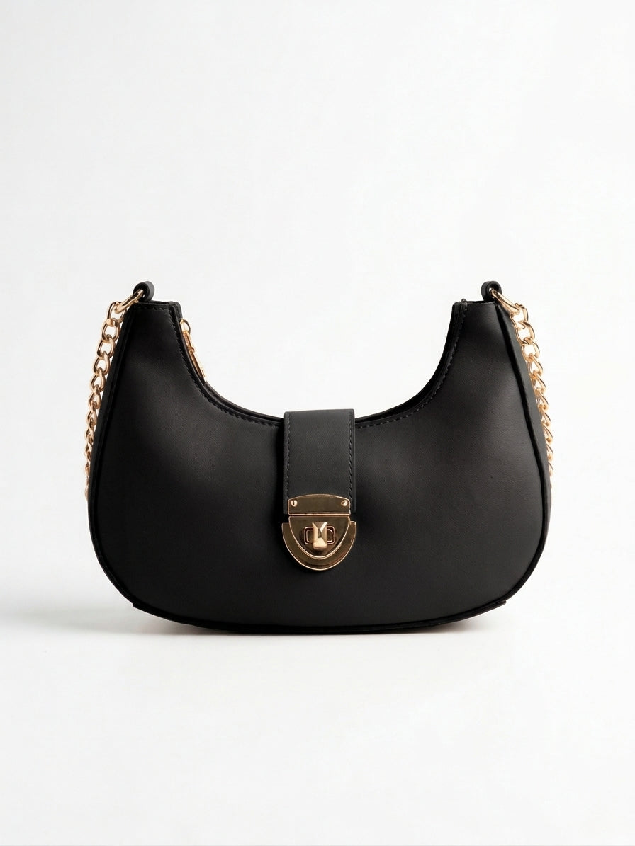 Curved Shoulder Bag with Gold Lock & Chain Strap — My Store