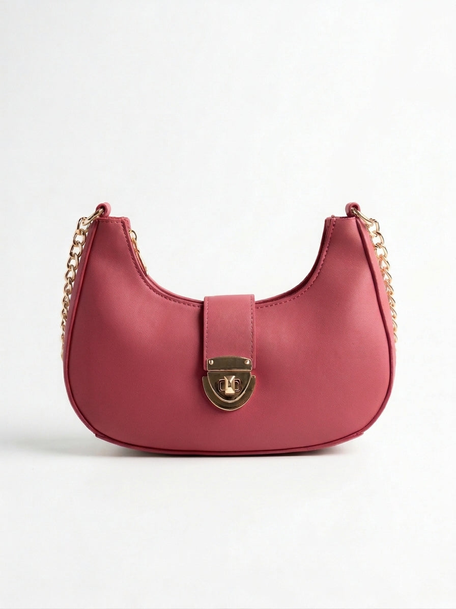 Curved Shoulder Bag with Gold Lock & Chain Strap — My Store