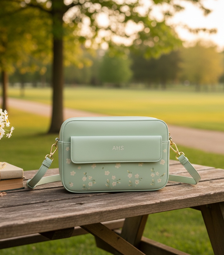 Elegant Mint Pastel Crossbody Bag with Floral Pattern